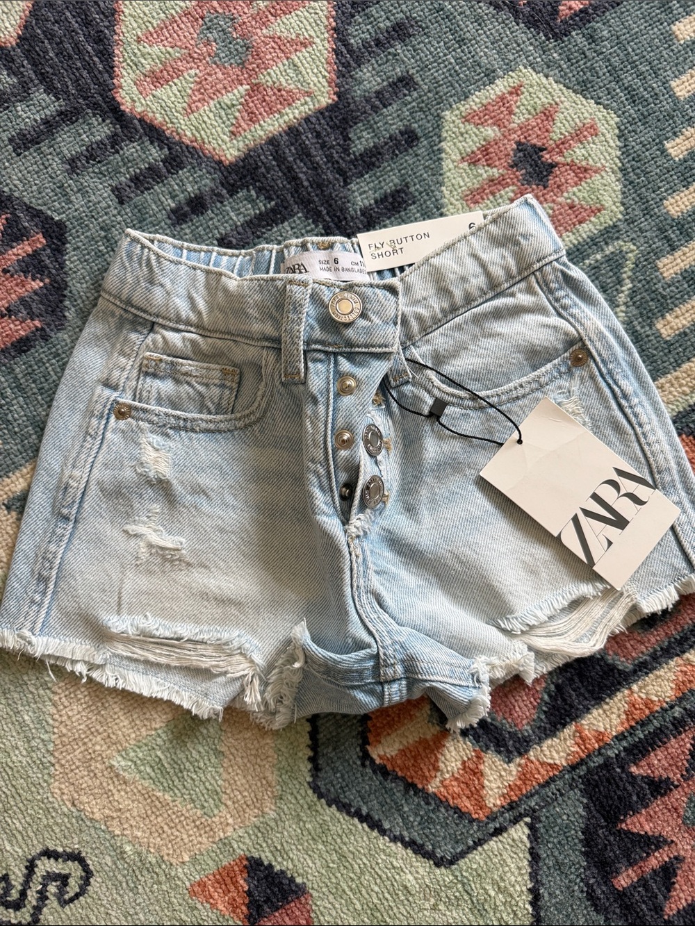 ZARA Light Blue Distressed Denim Button-Fly Shorts